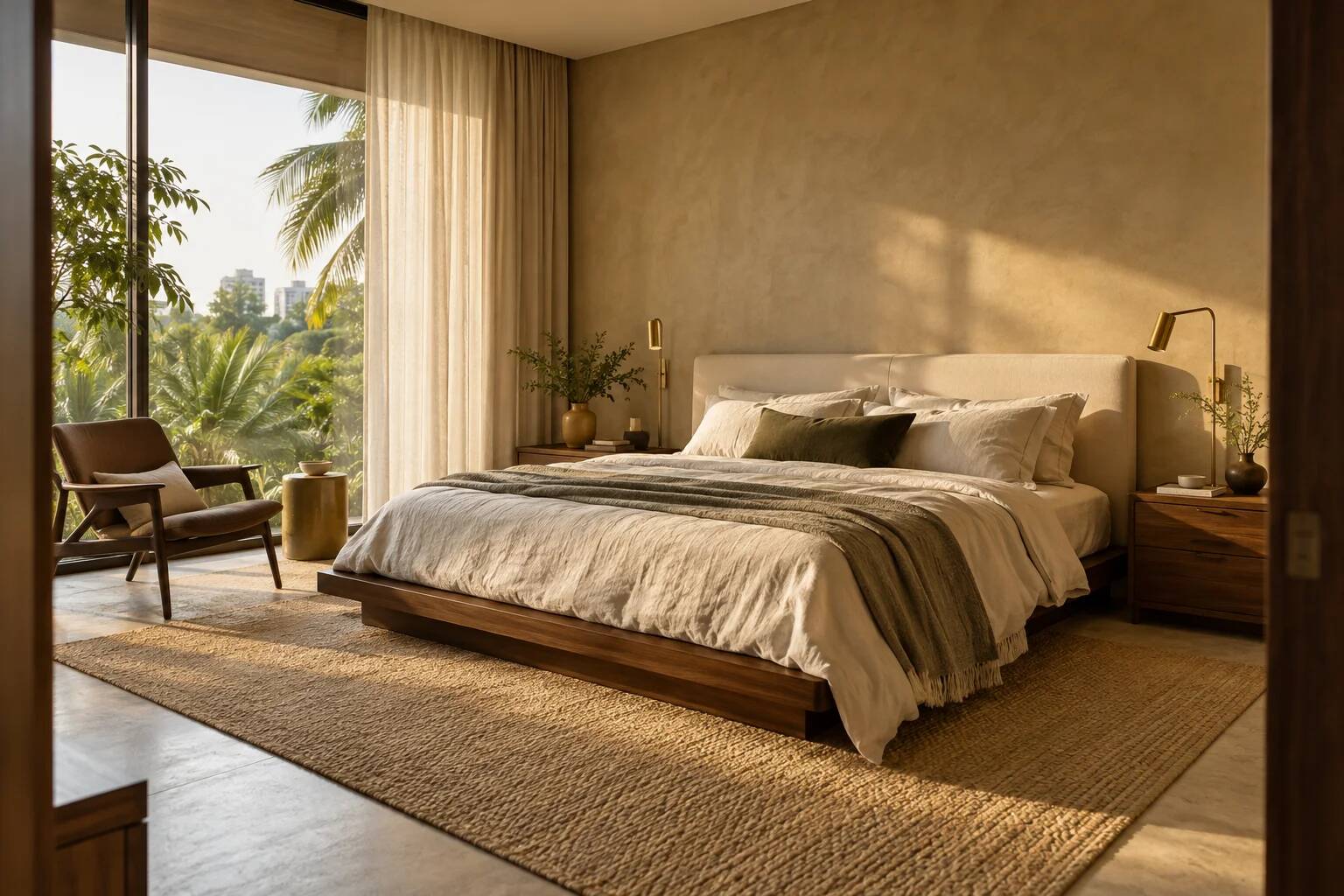 Serene bedroom with linen bedding, walnut furniture and soft afternoon light