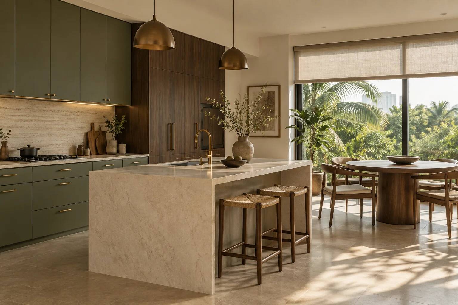 Refined olive kitchen with warm walnut cabinetry and a stone island