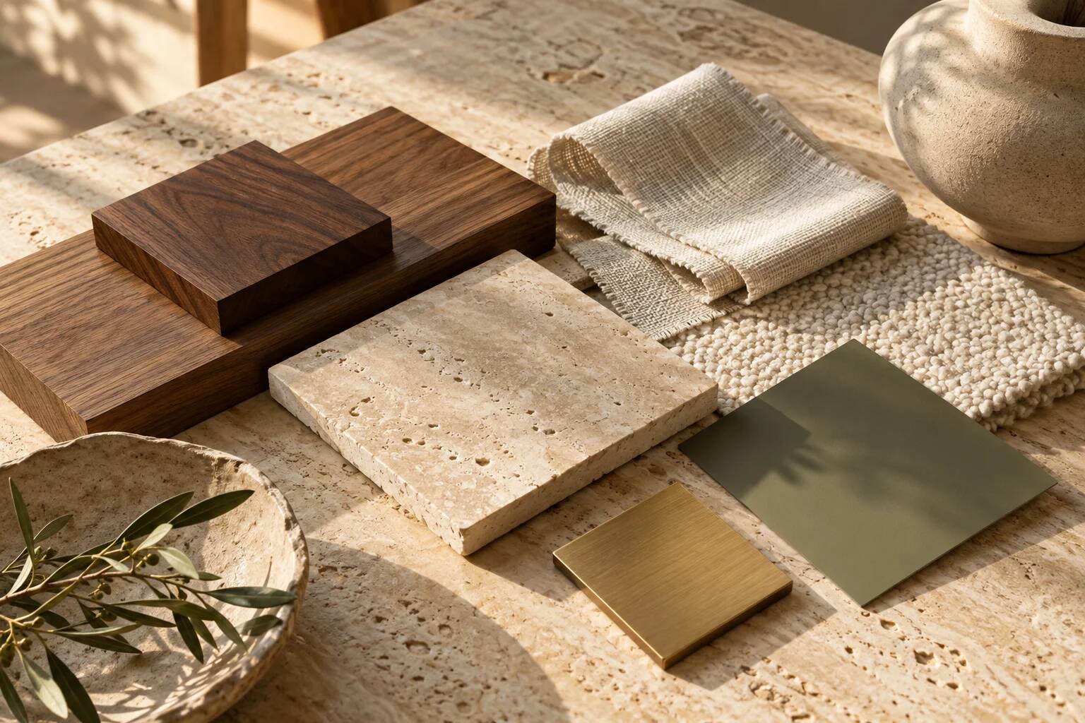Sunlit material study with walnut, travertine, linen, olive and brass samples